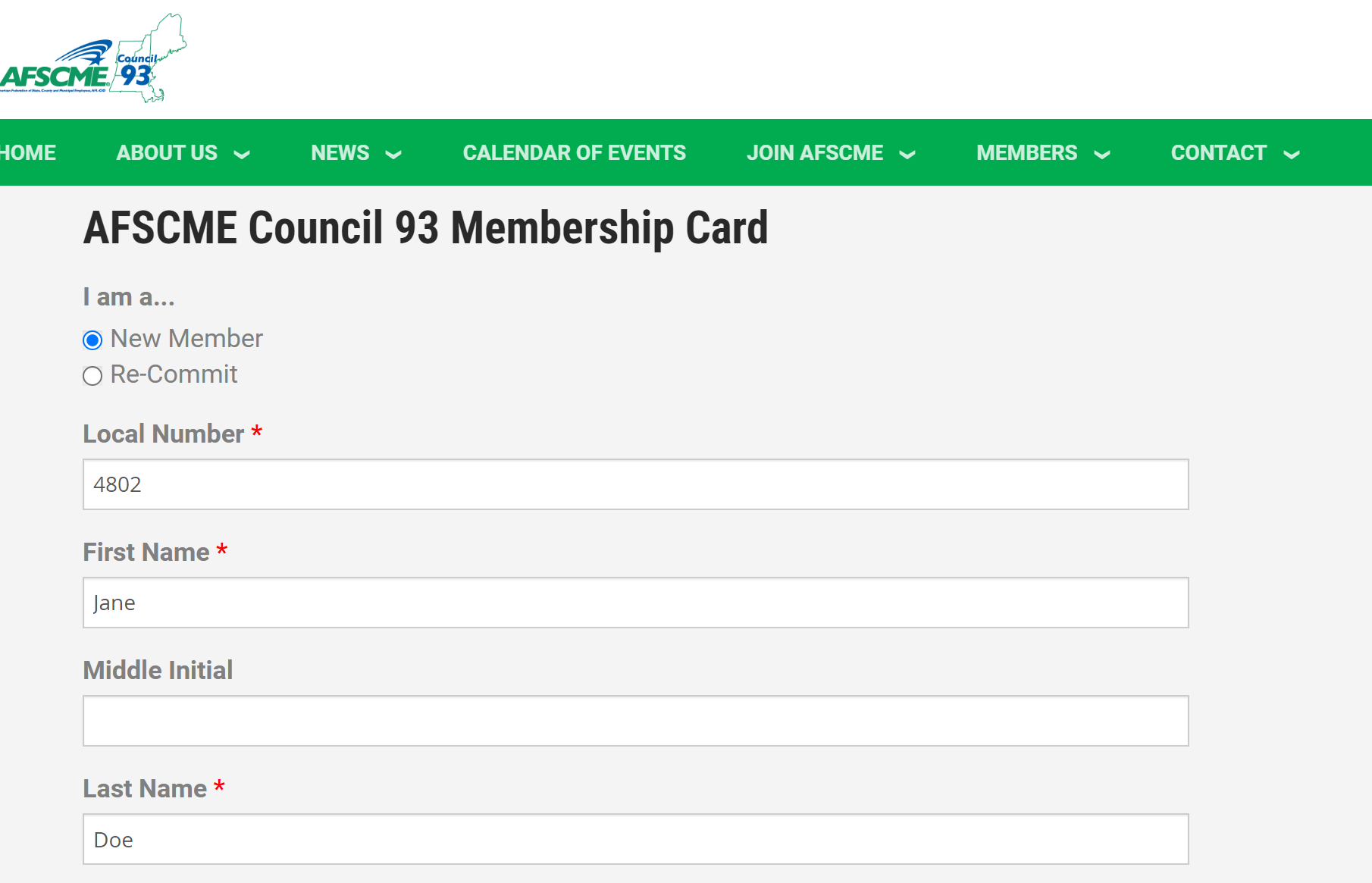 A screenshot of the American Federation of State, County, and Municipal Employees Council 93 electronic Membership Card, with some sections filled as an example. (New Member, First name Jane, Last name Doe).